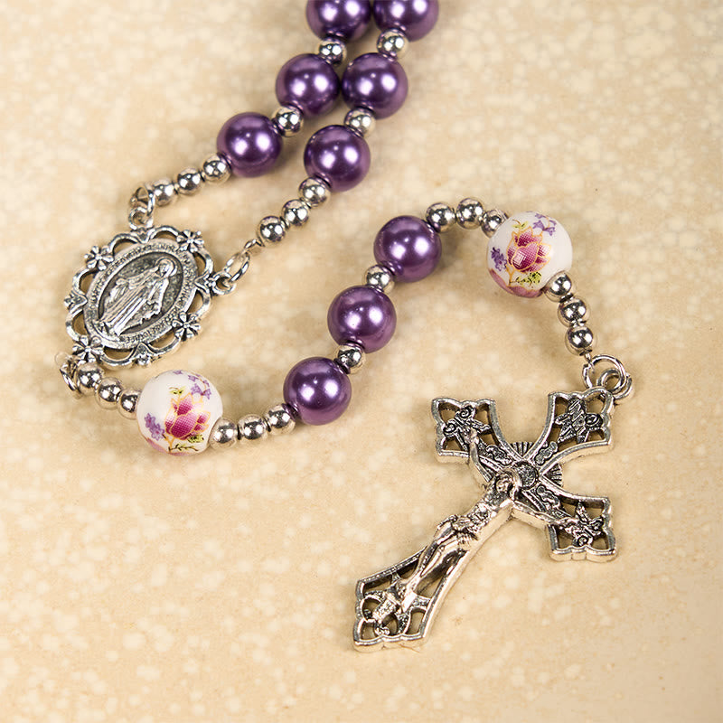 Miraculous Medal & Crucifix of 10mm Round Multicolor Pearl/Ceramics Rosary