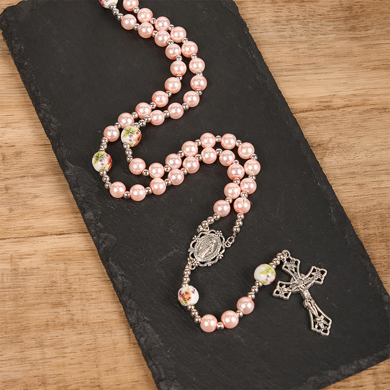 Miraculous Medal & Crucifix of 10mm Round Multicolor Pearl/Ceramics Rosary