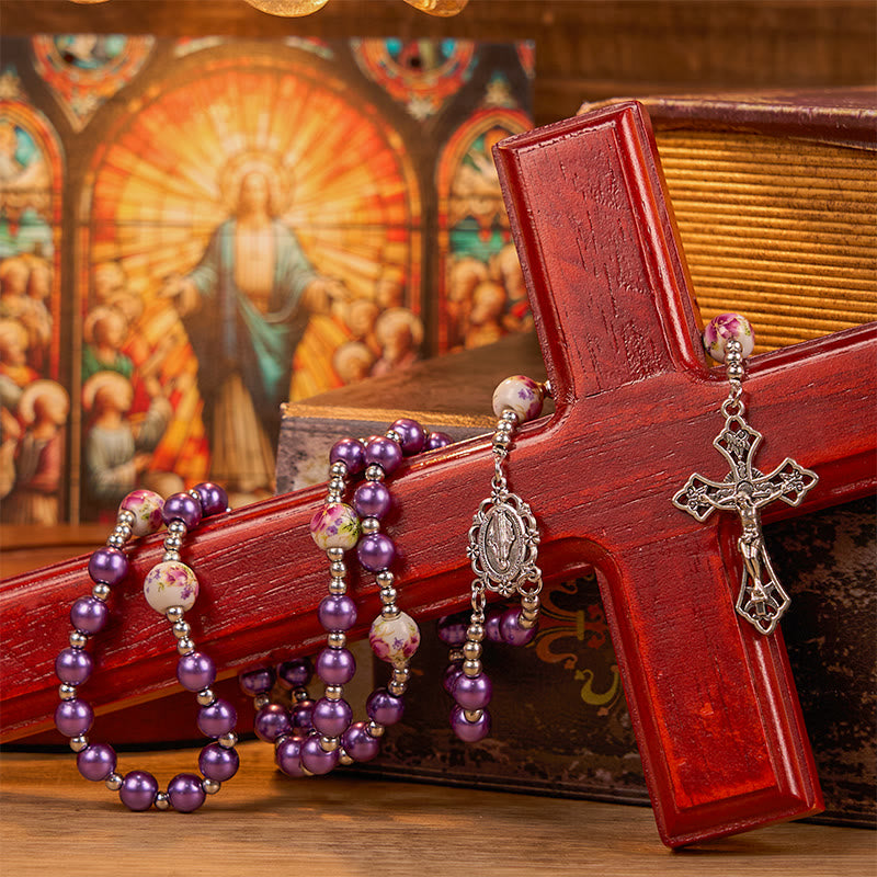 Miraculous Medal & Crucifix of 10mm Round Multicolor Pearl/Ceramics Rosary