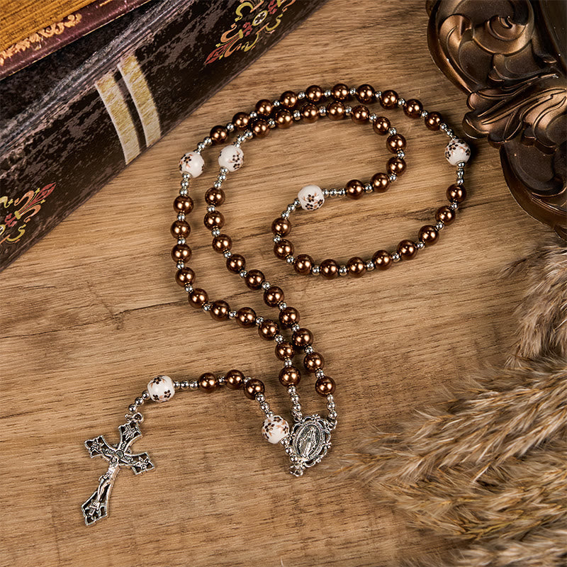Miraculous Medal & Crucifix of 10mm Round Multicolor Pearl/Ceramics Rosary