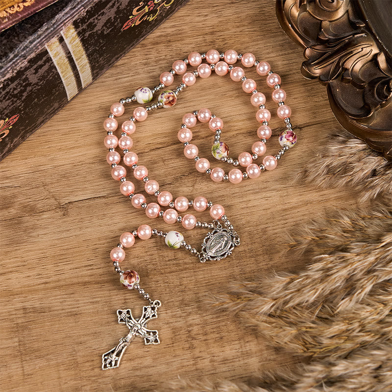 Miraculous Medal & Crucifix of 10mm Round Multicolor Pearl/Ceramics Rosary