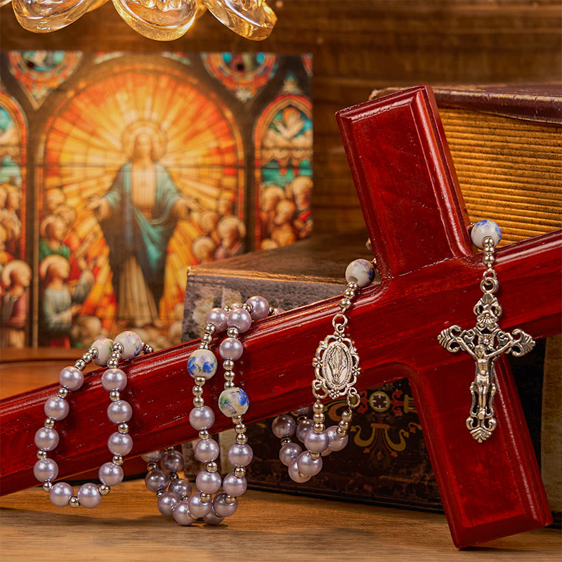 Miraculous Medal & Crucifix of 10mm Round Multicolor Pearl/Ceramics Rosary