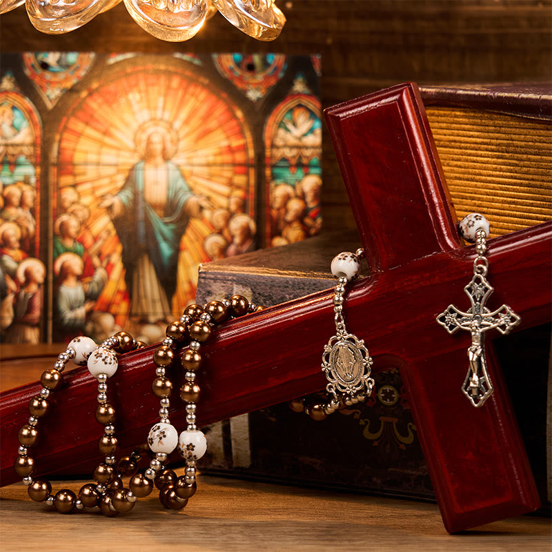 Miraculous Medal & Crucifix of 10mm Round Multicolor Pearl/Ceramics Rosary