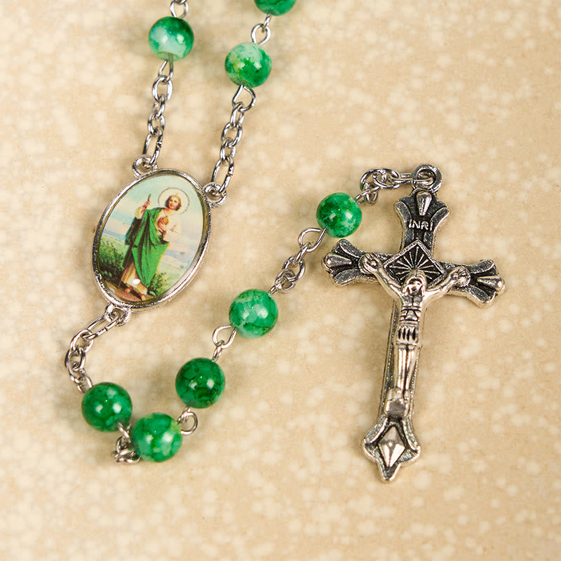St. Jude & Crucifix of 8 mm Round Green Glass Alloy Chain Rosary