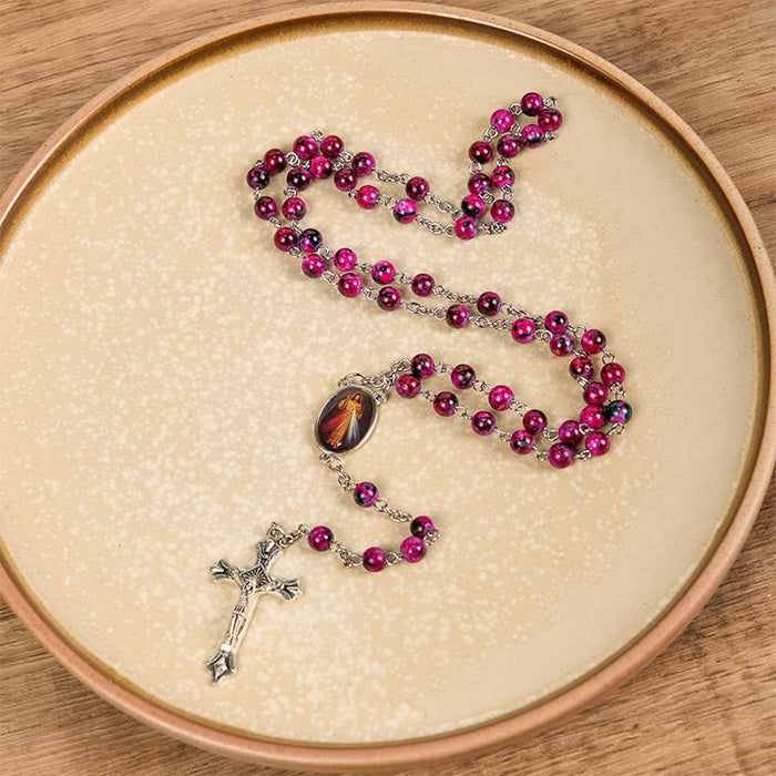 Divine Mercy & Crucifix of 8 mm Round Purple Glass Alloy Chain Rosary