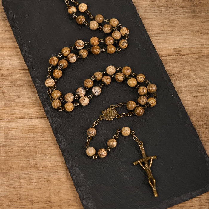 Rose & Crucifix of 8 mm Round Brown Stone Alloy Chain Rosary