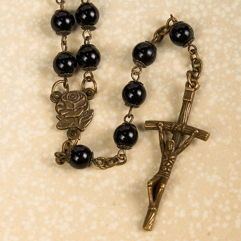 Rose & Crucifix of 10mm Round Black Stone Alloy Chain Rosary