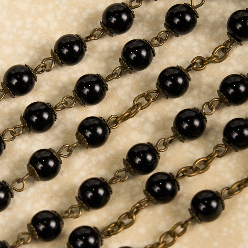 Rose & Crucifix of 10mm Round Black Stone Alloy Chain Rosary