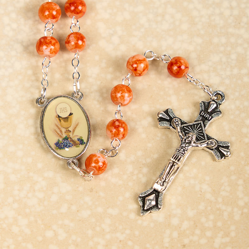 Holy Communion & Crucifix of 8 mm Round Orange Glass Alloy Chain Rosary