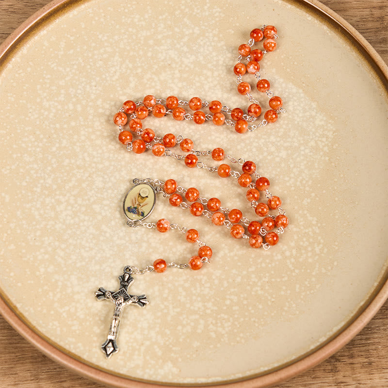 Holy Communion & Crucifix of 8 mm Round Orange Glass Alloy Chain Rosary