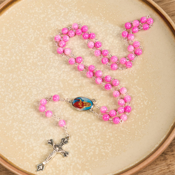 Immaculate Heart of Mary & Crucifix of 8 mm Round Pink Glass Alloy Chain Rosary