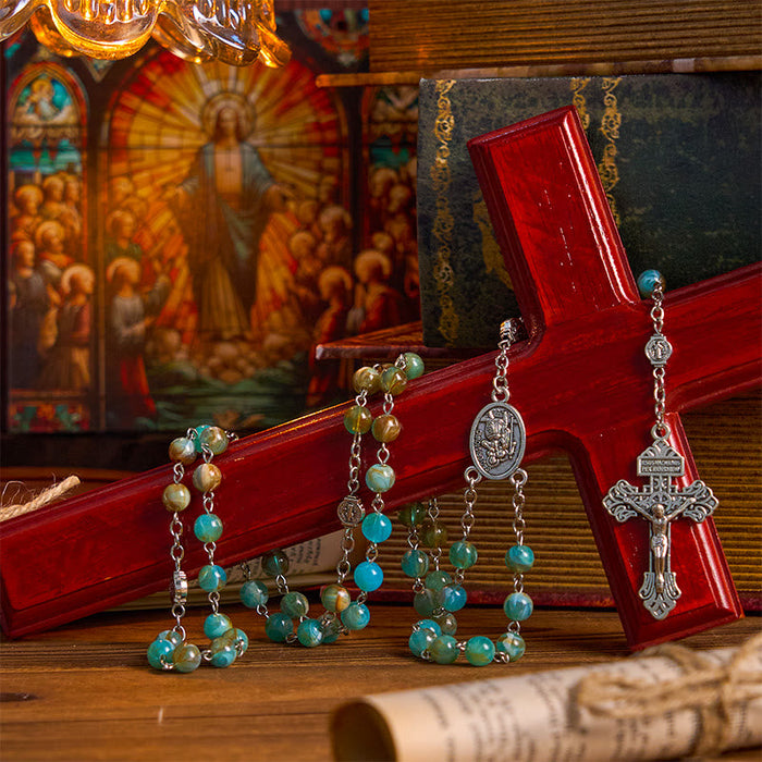 Our Lady of Aparecida & Crucifix of 8mm Round Green Acrylic Alloy Chain Rosary
