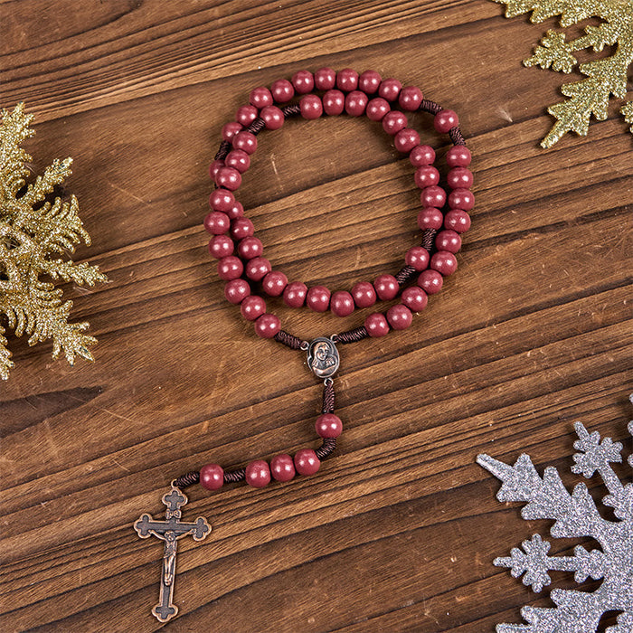 Madonna and Child & Crucifix of 10mm Round Red Wood Nylon Cord Rosary