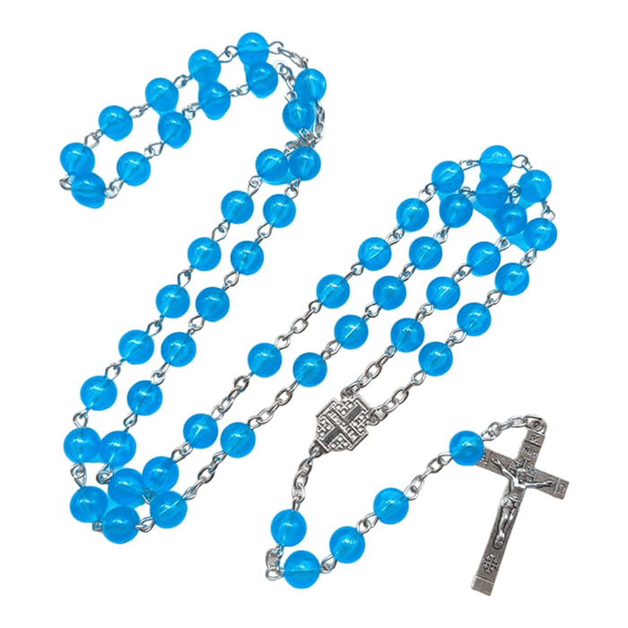 Jerusalem Medal & Crucifix of 8mm Round Blue Acrylic Alloy Chain Rosary