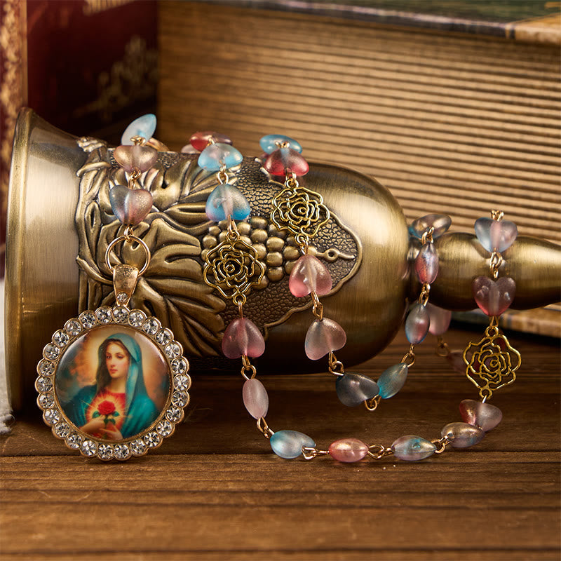 Miraculous Medal & Immaculate Heart of 10mm Heart Rose Multicolor Glass Alloy Chain Rosary