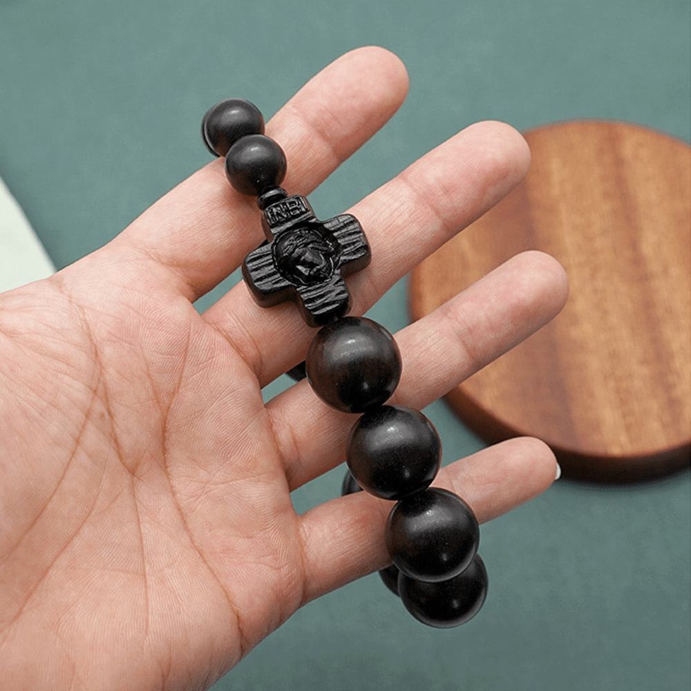 Classic Jesus Christ Cross Black Sandalwood Rosary Bracelet