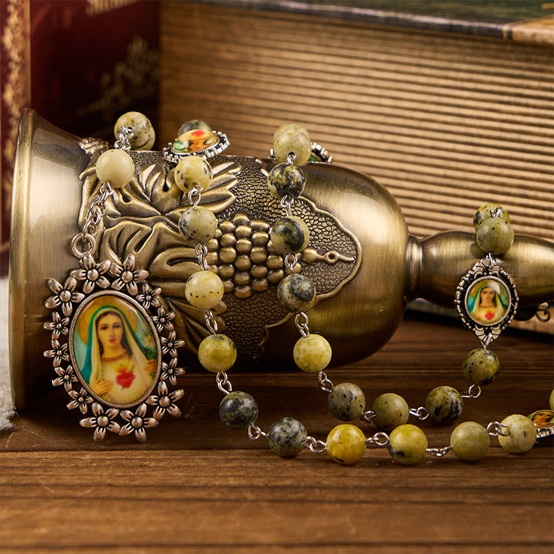 Miraculous Medal & Immaculate Heart of 8mm Round Stone Yellow Alloy Chain Rosary