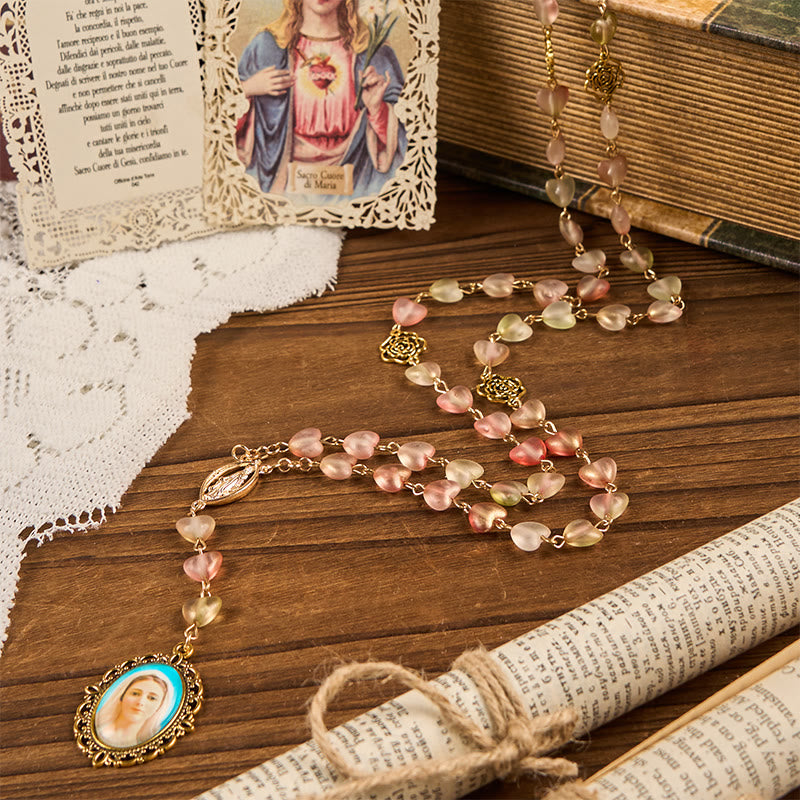 Miraculous Medal & Our Lady of 10mm Heart Rose Glass Alloy Chain Rosary