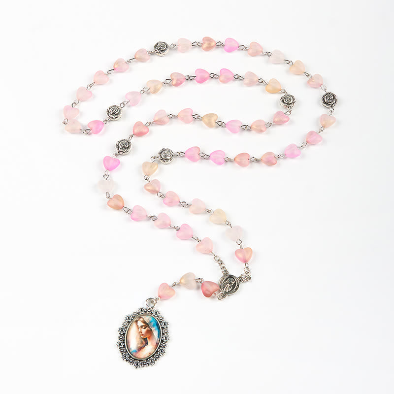 Praying Mary & Our Lady of 10mm Heart Rose Glass Pink Alloy Chain Rosary