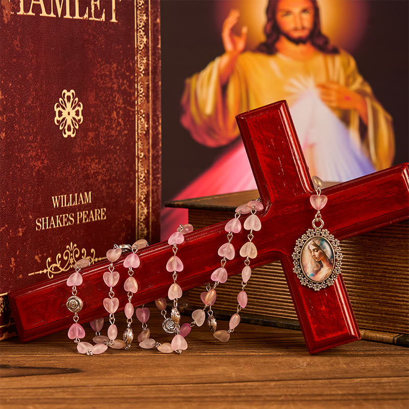 Praying Mary & Our Lady of 10mm Heart Rose Glass Pink Alloy Chain Rosary