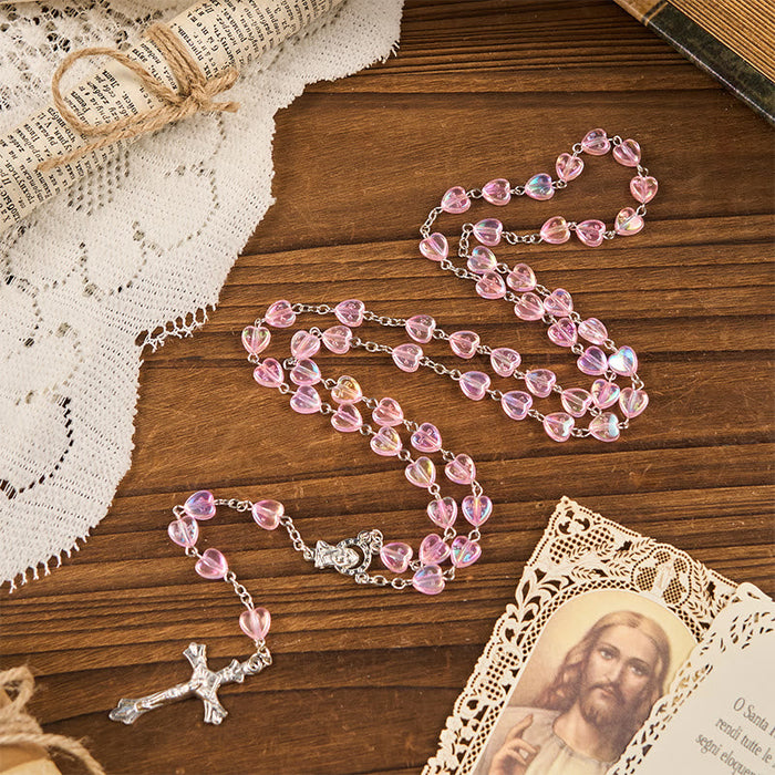Our Lady & Crucifix of 8mm Heart Acrylic Pink Alloy Chain Rosary