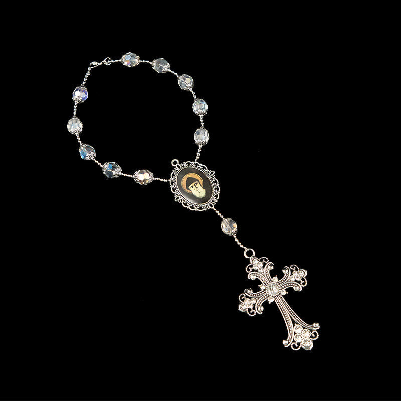St. Charbel Medal & Cross of 10mm Clear Crystal One Decade Pocket Rosary