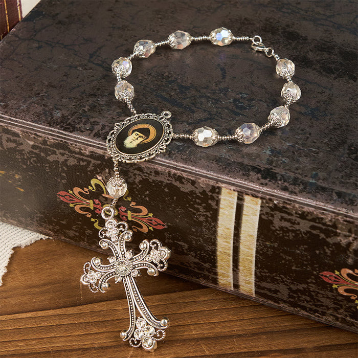 St. Charbel Medal & Cross of 10mm Clear Crystal One Decade Pocket Rosary