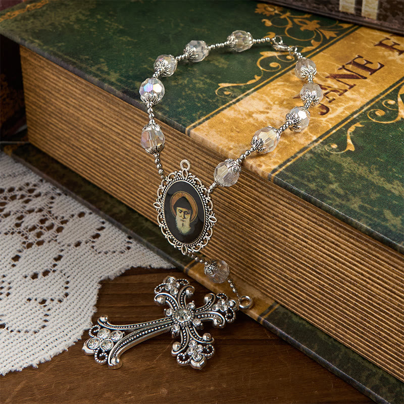 St. Charbel Medal & Cross of 10mm Clear Crystal One Decade Pocket Rosary