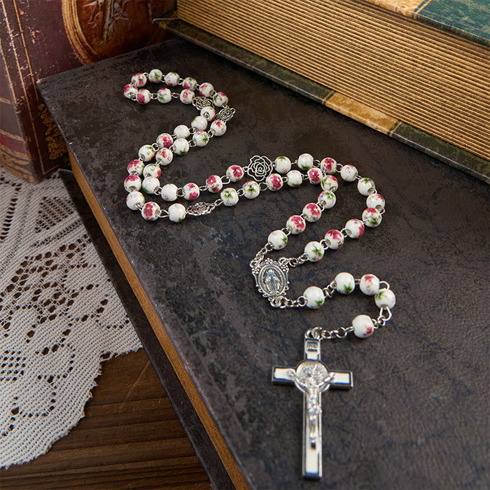 Miraculous Medal & Crucifix of 8mm Pink Floral Ceramics Beads Prayer Rosary