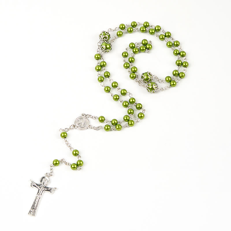 St. Benedict Medal & Trinity Cross of 6mm Green Floral Ball Prayer Beads Rosary