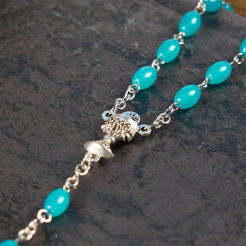 Holy Gail & Crucifix of 6mm Aqua Blue Crystal Prayer Beads Rosary