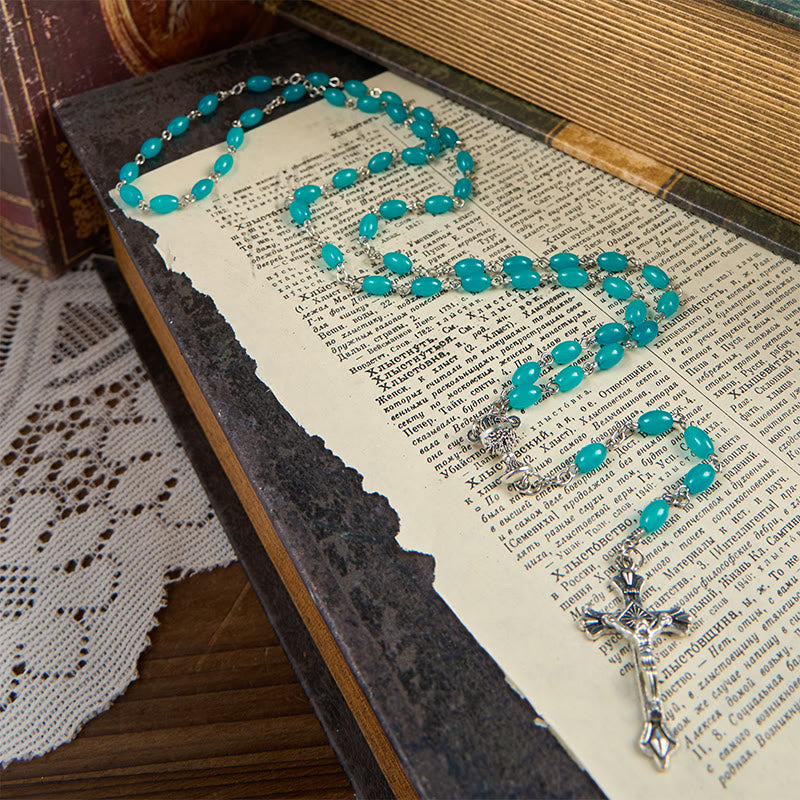 Holy Gail & Crucifix of 6mm Aqua Blue Crystal Prayer Beads Rosary