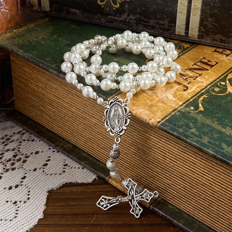 Miraculous Medal & Crucifix of 4mm White Pearl Ball Prayer Beads Rosary