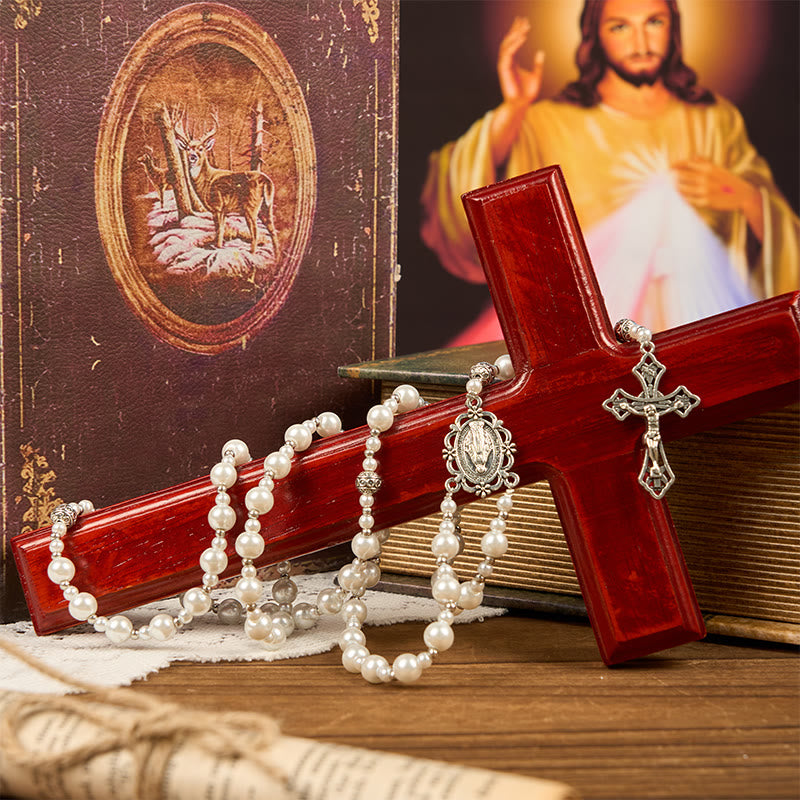 Miraculous Medal & Crucifix of 4mm White Pearl Ball Prayer Beads Rosary