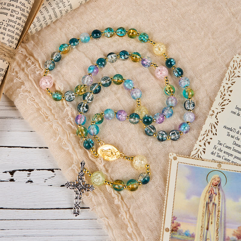 Miraculous Medal & Celtic Cross of 8 mm Round Multicolor Glass Alloy Chain Rosary