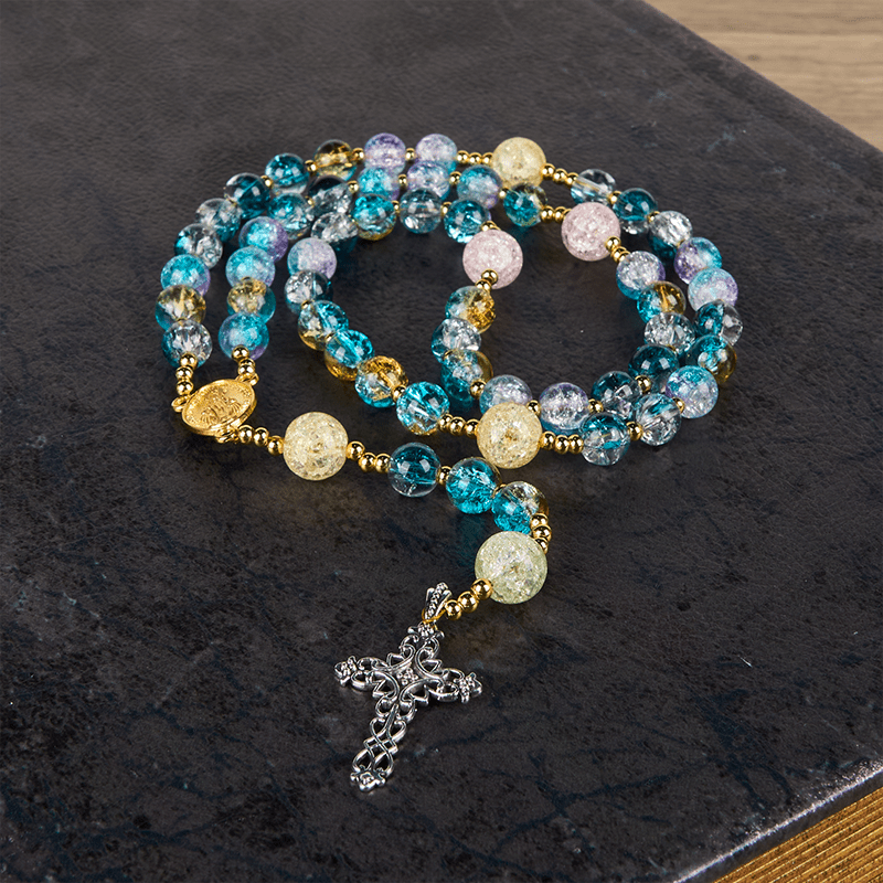Miraculous Medal & Celtic Cross of 8 mm Round Multicolor Glass Alloy Chain Rosary