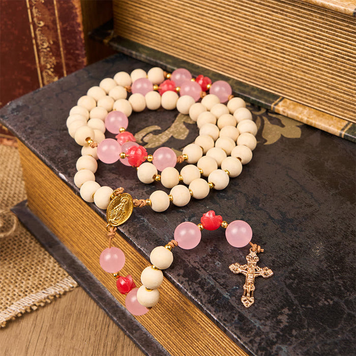 Miraculous Medal & Crucifix of 10mm Natural Wood Prayer Beads Handmade Rosary