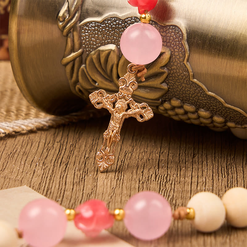 Miraculous Medal & Crucifix of 10mm Natural Wood Prayer Beads Handmade Rosary