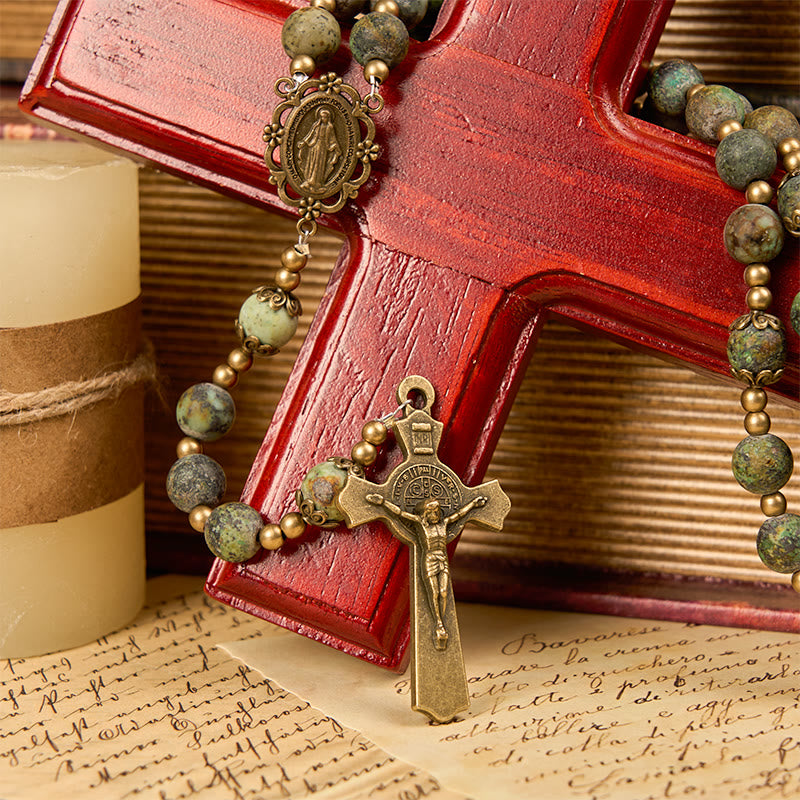 Retro Style Miraculous Medal & Crucifix of 8mm Matte African Turquoise Handmade Rosary