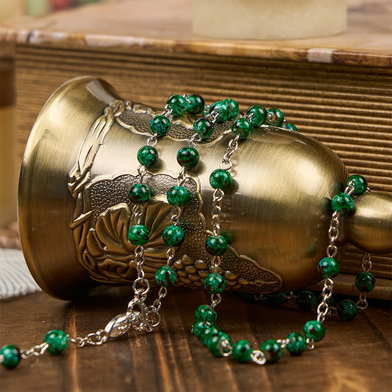 Our Lady & Crucifix of 6mm Green Pattern Glass Beads Prayer Rosary