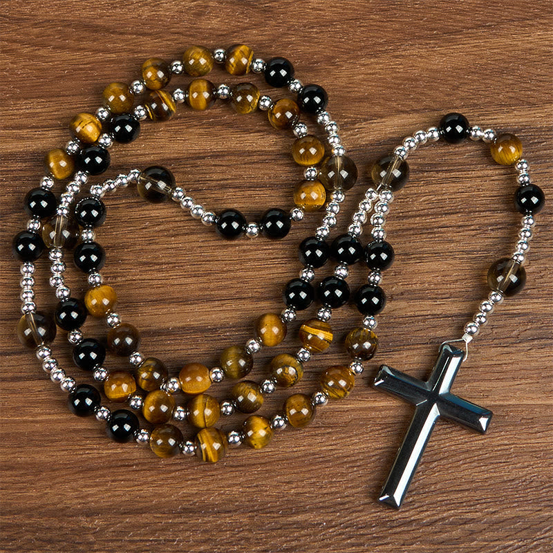 PRAYERFUL FAITH: Handmade Natural Obsidian Tiger's Eye Rosary with Gift Card