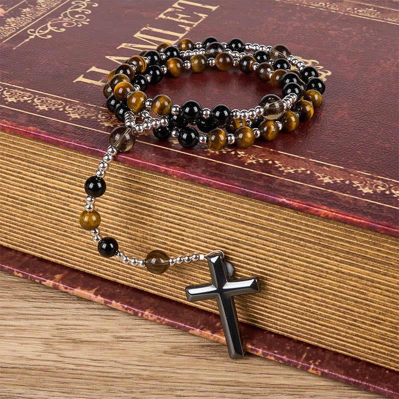 PRAYERFUL FAITH: Handmade Natural Obsidian Tiger's Eye Rosary with Gift Card