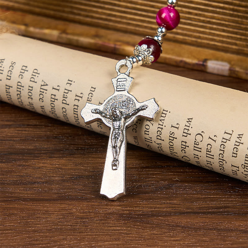 Miraculous Medal & Crucifix of 8mm Pink Tiger Eye Gemstone Beads Rosary