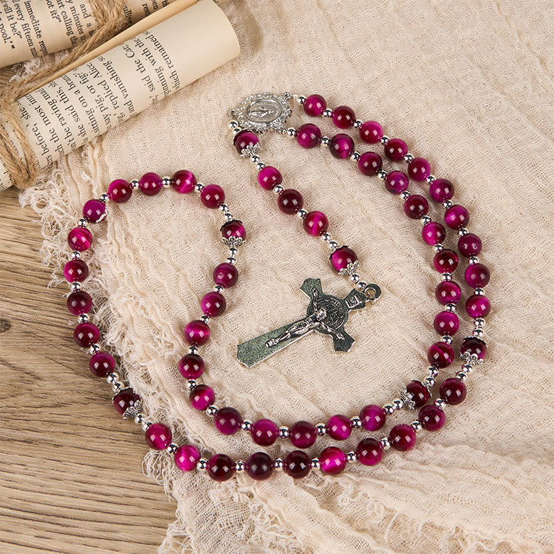 Miraculous Medal & Crucifix of 8mm Pink Tiger Eye Gemstone Beads Rosary