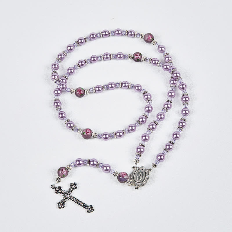Miraculous Medal & Crucifix 8mm Purple Pearl & Crystal Handmade Rosary - Sacred Beads for Holy Prayer