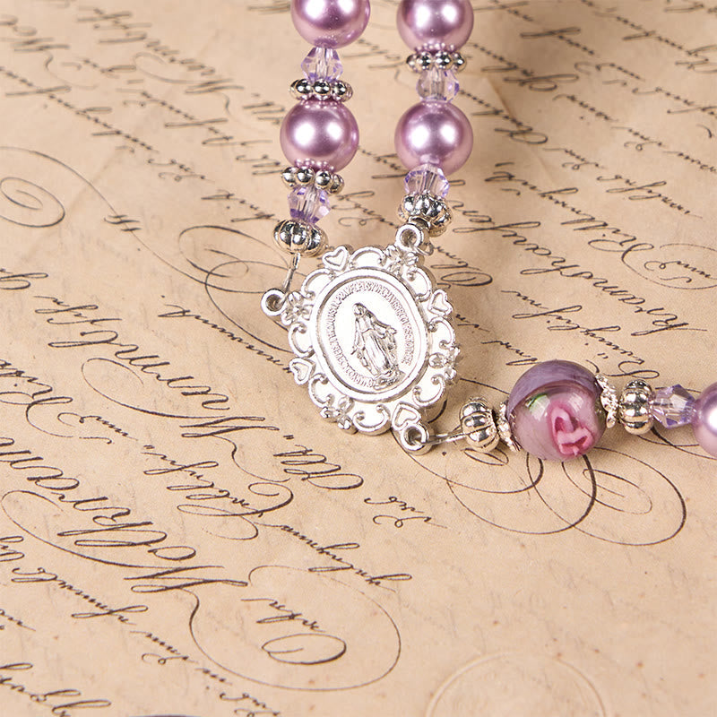 Miraculous Medal & Crucifix 8mm Purple Pearl & Crystal Handmade Rosary - Sacred Beads for Holy Prayer