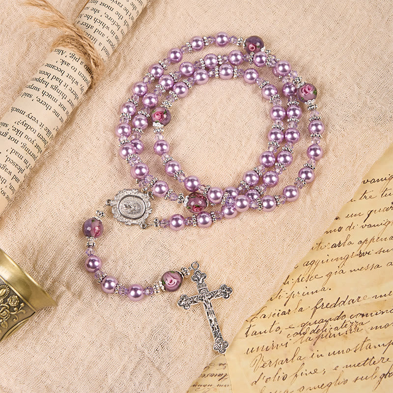 Miraculous Medal & Crucifix 8mm Purple Pearl & Crystal Handmade Rosary - Sacred Beads for Holy Prayer