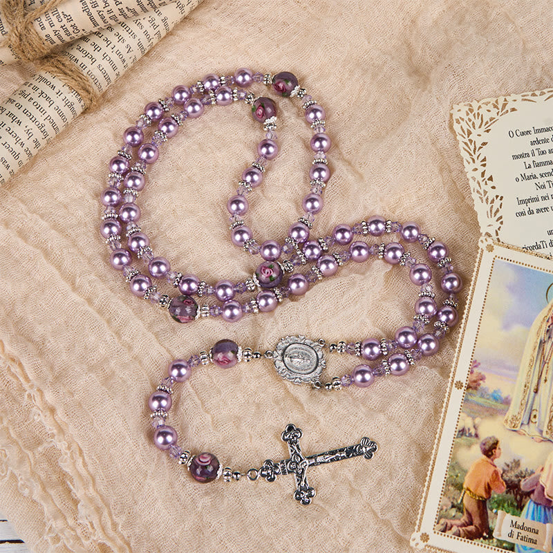 Miraculous Medal & Crucifix 8mm Purple Pearl & Crystal Handmade Rosary - Sacred Beads for Holy Prayer