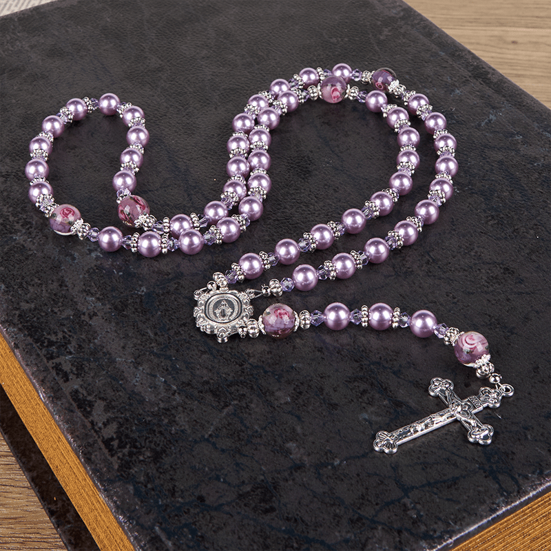Miraculous Medal & Crucifix 8mm Purple Pearl & Crystal Handmade Rosary - Sacred Beads for Holy Prayer