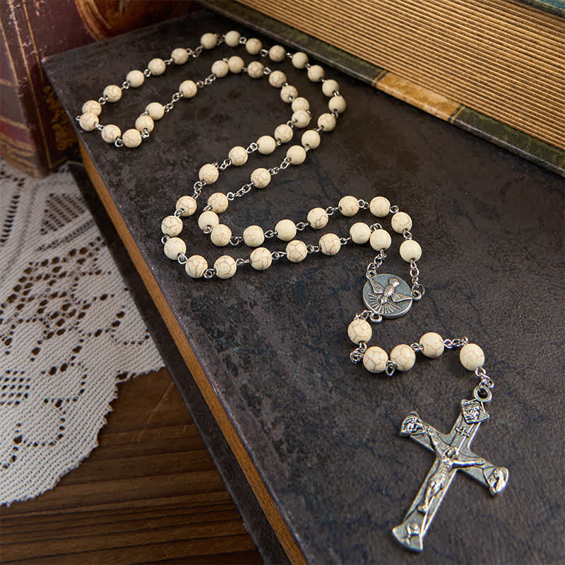 Miraculous Medal & Crucifix of 8mm White Pine Prayer Beads Rosary